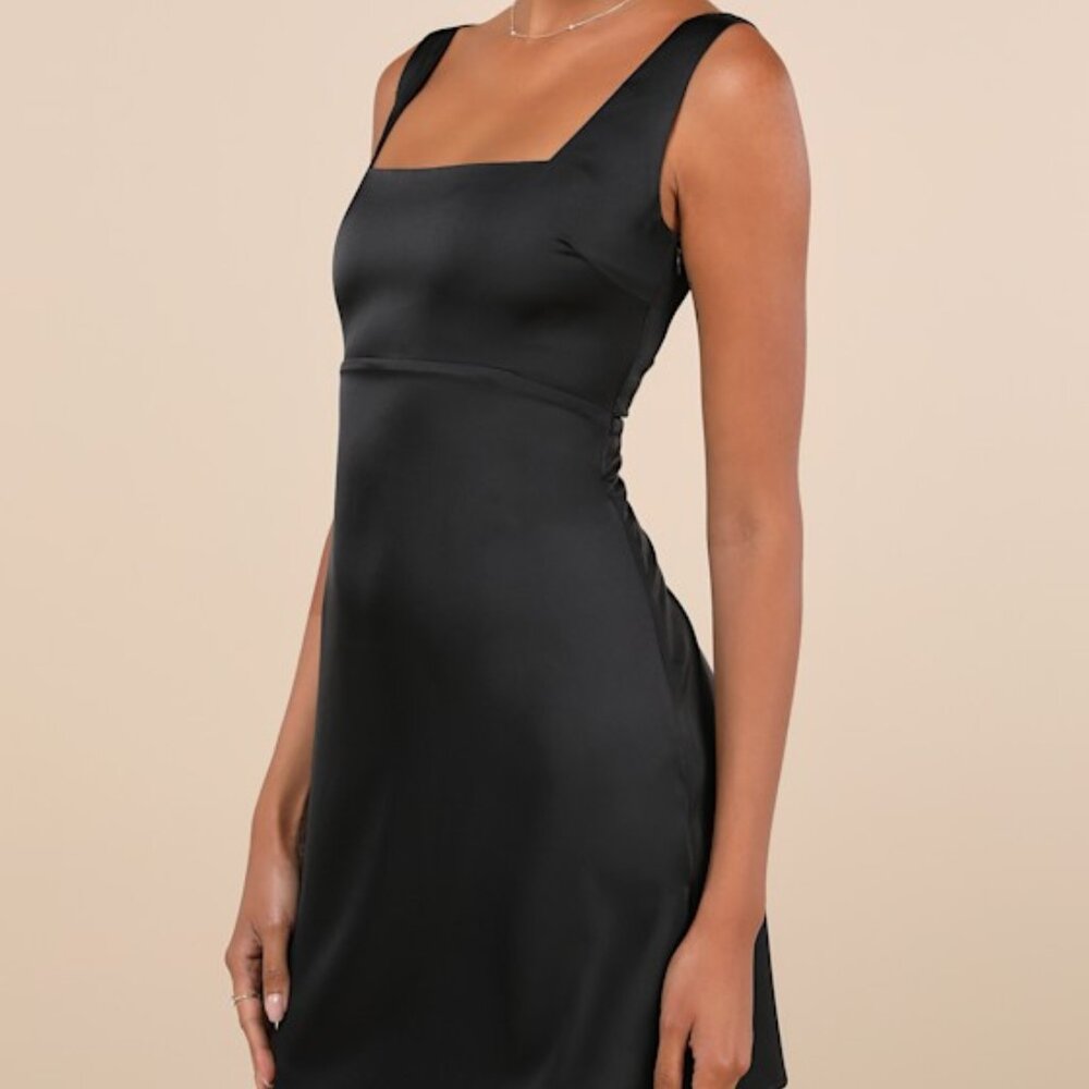 Lulus Truly The Cutest Black Satin Square Neck Mini Dress - Size S